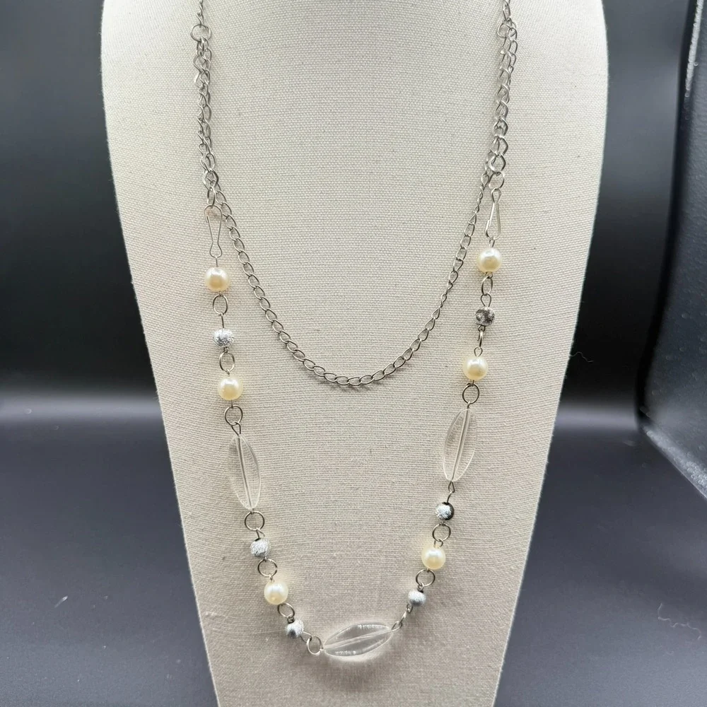 Silver Tone Faux Pearl Clear Bead Long Layering Necklace Y2K Boho Statement